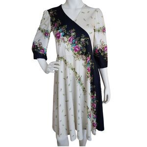 VTG 70s Piccolo Floral Border Print Midi Dress Boho Cottagecore Romantic V-Neck